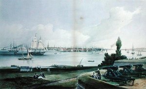 ガバナーズ島から見たニューヨーク、ヘンリー・パプリル（fl.1846-48）（エングレーヴィング） 作： Frederick (after) Catherwood
