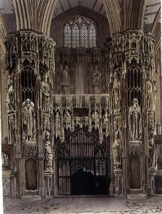 ヘンリー5世礼拝堂、「ウェストミンスター寺院」より第52版、J. Bluck（fl.1791-1831）の彫刻、Rudolph Ackermann（1764-1834）の出版物、1811年（アクアチント）。 作： Frederick (after) Mackenzie