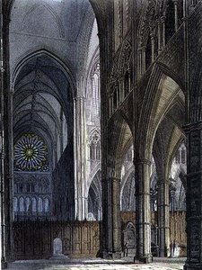 詩人の角からトランセプトを挟んだ北側の眺め、J. Bluck (fl.1791-1831) が彫った「ウェストミンスター寺院」のプレート9、Rudolph Ackermann (1764-1834) が1811年に出版したもの（アクアチント） 作： Frederick (after) Mackenzie