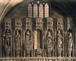 ヘンリー5世のチャントリーを覆うスクリーン、J. Bluck（fl.1791-1831）が彫った「ウェストミンスター寺院」のプレートO、Rudolph Ackermann（1764-1834）が1812年に発行したもの（アクアチント）。 作： Frederick (after) Mackenzie
