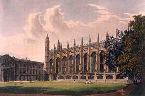 ケンブリッジ、キングスカレッジ・チャペルの南側、Daniel Havell (1785-1826)が彫刻した「The History of Cambridge」より、R. Ackermannが出版。 作： Frederick (after) Mackenzie