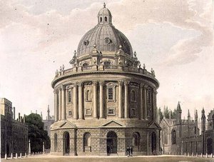 ラドクリフ図書館、J. Bluck (fl.1791-1831)によって彫られた「History of Oxford」の図版、R. Ackermannによって出版された。 作： Frederick (after) Mackenzie