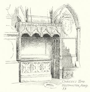 チョーサーの墓、ウェストミンスター寺院（リトグラフ） 作： Frederick Adcock