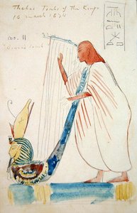 テーベのラーメセス3世の墓に描かれたハープ奏者の壁画 作： Frederick Arthur Bridgman