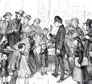 迷子の子供を助けようとする警察官と通りすがりの人たち 作： Frederick Barnard