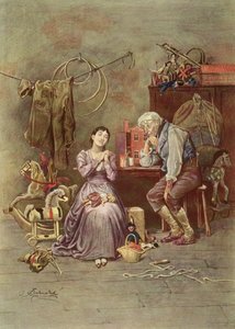 カレブプラマーと盲目の娘、チャールズディケンズ（1812-70）の「囲炉裏のクリケット」（1845）のシーン 作： Frederick Barnard