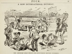 「一族のイギリス貴族のためのアメリカの金の原」を描いた漫画、1880年