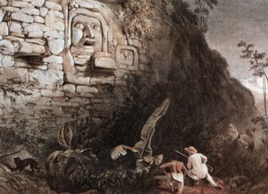 マヤのイツァム・ナ遺跡の前に立つハンターとガイド 作： Frederick Catherwood