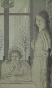インテリア-夜、1915年（鉛筆、ウォッシュ、ガッシュ） 作： Frederick Cayley Robinson