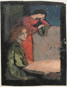 テーブルに立つ2人の女の子、1905年の星空の夜（カード上のテンペラ） 作： Frederick Cayley Robinson