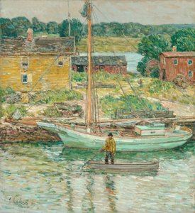 オイスター スループ、Cos Cob、1902 年。 作： Frederick Childe Hassam