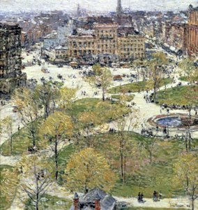 「春のユニオン スクエア」、1896 年 作： Frederick Childe Hassam