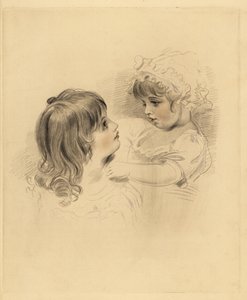 二人の子供の肖像。ボンネットとドレスを身につけた渋い下の子を抱く長男。P.G. Patmore