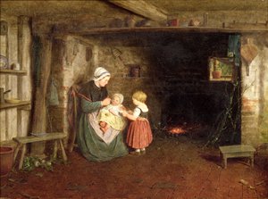期待：母と子供がいるコテージの内部、1854 作： Frederick Daniel Hardy