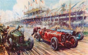 1924 年のグランプリでは、アスカリのアルファロメオがレースをほぼフィニッシュまでリードしましたが、ピットストップ後にエンジンが再始動しなかったために負けました (色リソ) 作： Frederick Gordon (after) Crosby