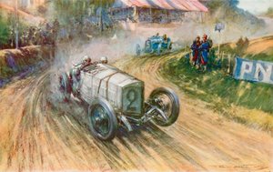 1914 年のグランプリで、ドイツのメルセデスと戦うラウテンシュラーガーと、フランスのプジョーと戦うボイヨ (色リソ) 作： Frederick Gordon (after) Crosby