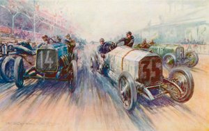 1908 年のグランプリでのラウテンシュラーガー ホワイト メルセデス、大量のタイヤが消費されたレース (カラー リソ) 作： Frederick Gordon (after) Crosby