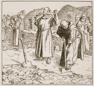 修道院の牧畜、「The Church of England:1910年頃に出版されたH.D.M. Spence-Jones著「The Church of England: A History for the People」のイラスト（リトグラフ）（セピア色の写真 作： Frederick Henry Townsend