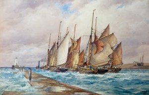 サセックス州ライ港漁船団の出航（水彩画） 作： Frederick James Aldridge