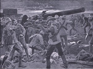 ガンヒルへの攻撃：海軍47の砲手は驚いた、「プレトリア後：ゲリラ戦争」、Harmsworth Bros Limited、1901年発行 作： Frederick Judd Waugh