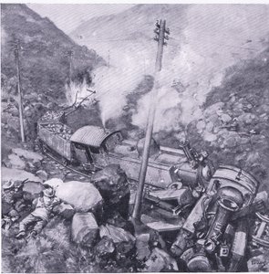 フラクフォンテイン近くの装甲列車の破壊、プレトリア後のイラスト：ゲリラ戦争、1902 作： Frederick Judd Waugh