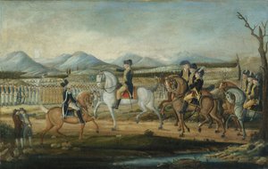 ワシントンは、1795年にメリーランド州フォートカンバーランドで西軍を検討しました。 作： Frederick Kemmelmeyer