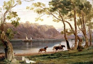 バージの馬がいる川の風景 作： Frederick Lee Bridell