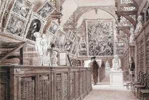 フィッツウィリアム卿の遺品の一部が展示されているオールド・パース・スクールの内部（紙に鉛筆、ブラシ、ウォッシュ） 作： Frederick Mackenzie