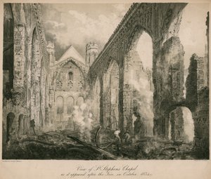 1834年10月の火災後のセントスティーブンスチャペルの様子 作： Frederick Mackenzie