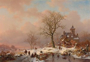 氷の上で遊ぶ人物のいる冬の風景、1868