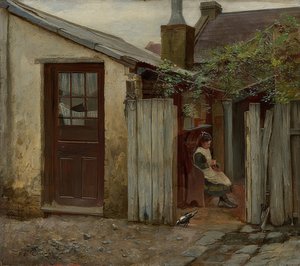 キングストリートベーカリーの前で鳥を持つ少女。 1886 作： Frederick McCubbin