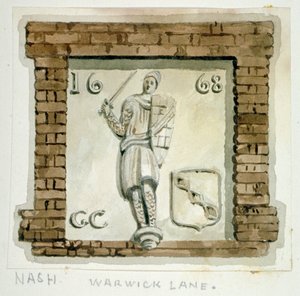 ロンドン市ワーウィック レーンの家の壁に描かれたウォリック伯ガイの彫像、1820 年頃。 作： Frederick Nash