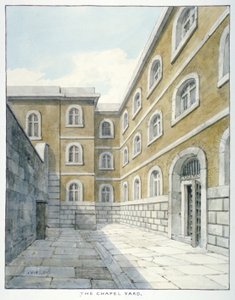 ニューゲート刑務所、オールド ベイリー、ニューゲート刑務所、オールド ベイリー、ロンドン市、1840 年の礼拝堂の中庭 作： Frederick Nash