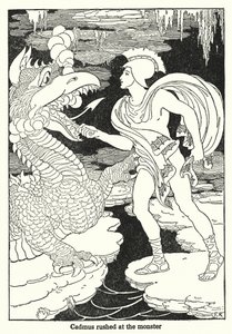 怪物に突進するカドマス（リトグラフ） 作： Frederick Richardson