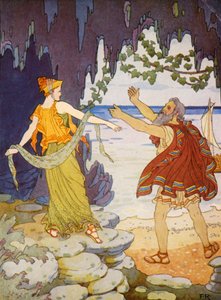 カリプソは海辺で彼に別れを告げた（カラーリトグラフ） 作： Frederick Richardson