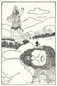 ピグミーはアンタエウスの耳元で「また巨人が来た」と叫んだ（リトグラフ 作： Frederick Richardson