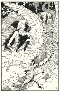 ドラゴンはカドマスの姿を見つけると、また忌まわしいヒス（リト）を仕掛けてきました。 作： Frederick Richardson
