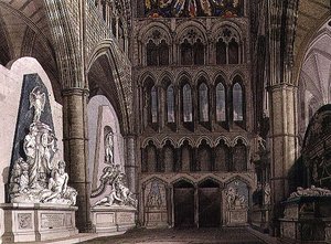 J. Bluck（fl.1791-1831）とWilliamsonが彫刻し、Rudolph Ackermann（1764-1834）が1811年に出版した「Westminster Abbey」のプレート55「北入口」（アクアチント）。 作： Frederick and Villiers H. (after) Mackenzie