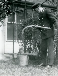 Tawny Frogmouthにシャワーを与えるキーパートーマスラゲット、ロンドン動物園、1924年 作： Frederick William Bond