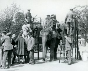 1927年にロンドン動物園の5人の飼育係の助けを借りて、エレファントライドを待っている人や他の人が乗っている訪問者 作： Frederick William Bond