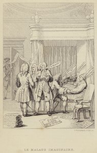 Le Malade Imaginaire：作家であり植物学者でもあるジョン・ヒルがベッドで様々な医師の診察を受けている様子を描いた風刺作品。 作： Frederick William Fairholt
