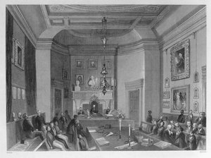 王立古物社会の会見、1840年頃のサマセットハウスの内部の様子 作： Frederick William Fairholt
