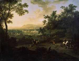 ハンターのいる風景。 Frederick de Moucheron (1633-1686) の絵画。 キャンバスに油彩、オランダ美術、バロック様式。 Mikhail Kroshitsky Art Museum、セヴァストポリ (セヴァストポリ) ウクライナ 作： Frederick de Moucheron
