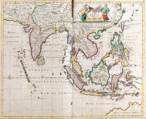 東インドの地図（南・東南アジア。パキスタン、インド、ネパール、バングラデシュ、ビルマ、スリランカ、タイ、マレーシア、ベトナム、カンボジア、ラオス、フィリッピン、シンガポール、インドネシア）（エッチング
