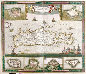 クレタ島の地図、要塞都市ラ・カネとイラクリオン、スピナロンガ、レティノ、ティネ、ソウダの要塞が描かれたもの（エッチング 作： Frederick de Wit