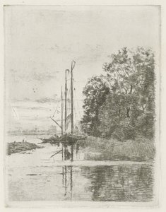 2 隻の船とはしけのある川の景色。 作： Fredericus Jacobus van Rossum du Chattel (signed by artist)