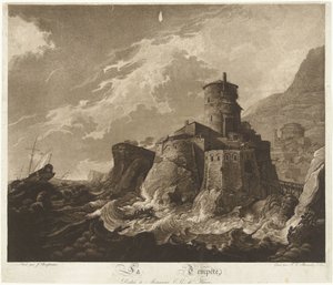 岩の多い海岸の城と海の嵐の中の船 La Tempête (オブジェクトのタイトル) 作： Frederik Christiaan Bierweiler