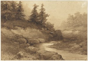 川のある丘陵の風景 作： Frederik Hendrik Kaemmerer