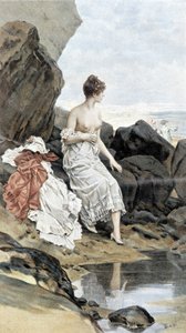 隠れて水浴びする海辺の女-夏の寓意、カレンダー絵：Hubert Dys、絵：F.H. Kaemmerer 作： Frederik Hendrik Kaemmerer
