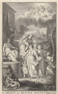 即位する人物のためのミネルバと芸術 タイトル ページ: Het Groot Natuur-en Zedekundigh Wereldtoneel、Delft、R. Boitet、1743 年 作： Frederik Ottens